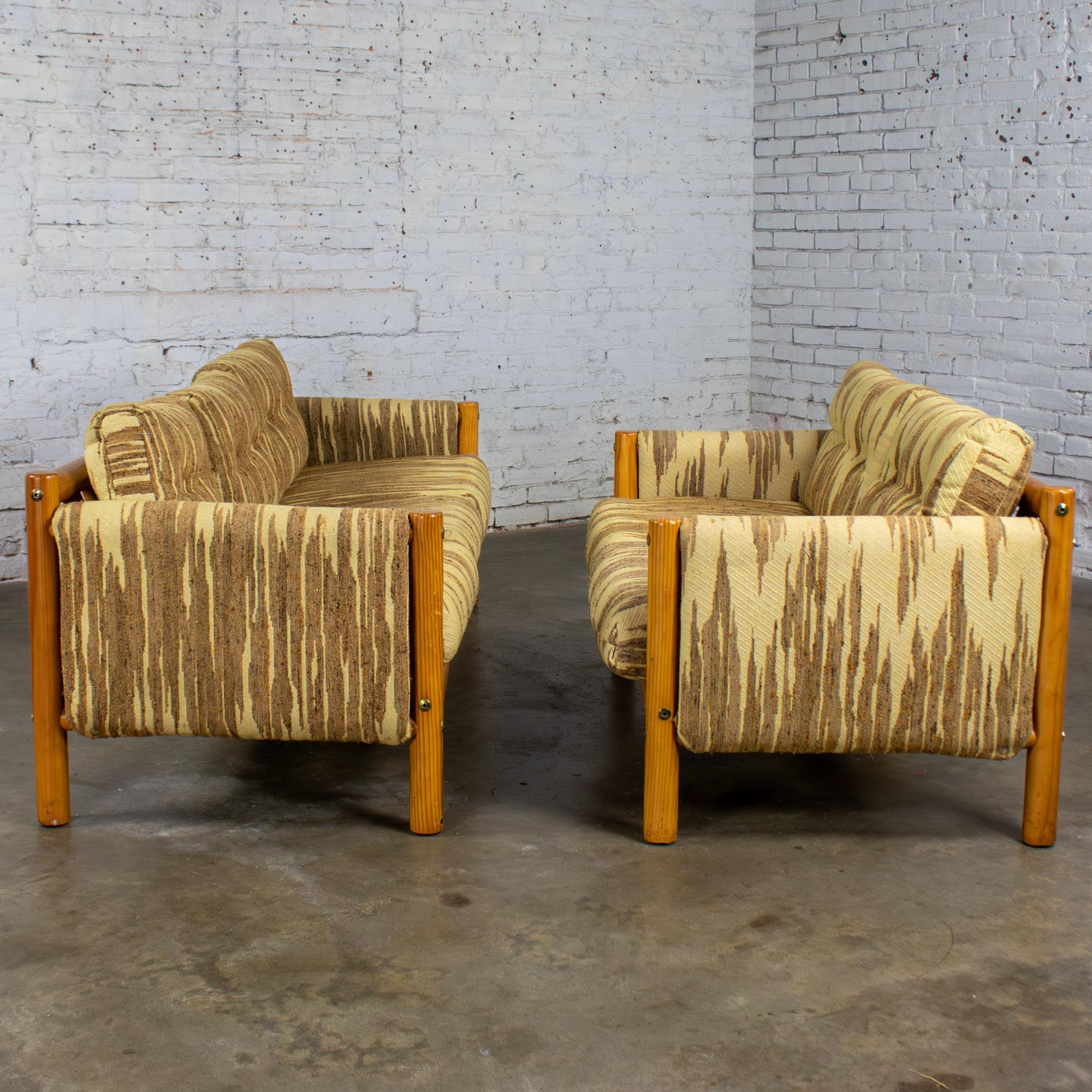 Mid to Late 20th Century MCM to Modern Sofa & Loveseat Set Solid Pine Log Frames & Canvas Slings w/Flame Stitch Fabric