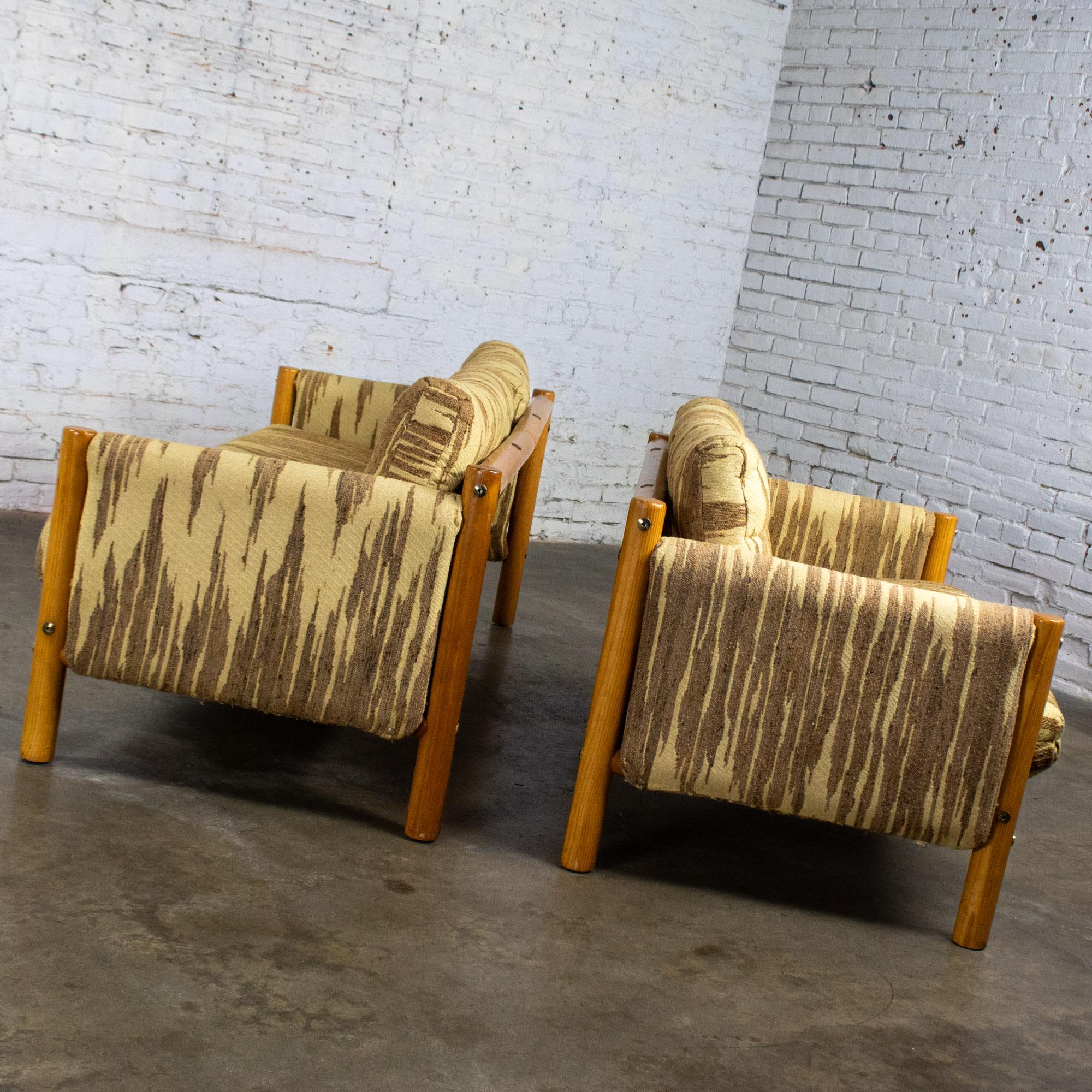 Mid to Late 20th Century MCM to Modern Sofa & Loveseat Set Solid Pine Log Frames & Canvas Slings w/Flame Stitch Fabric