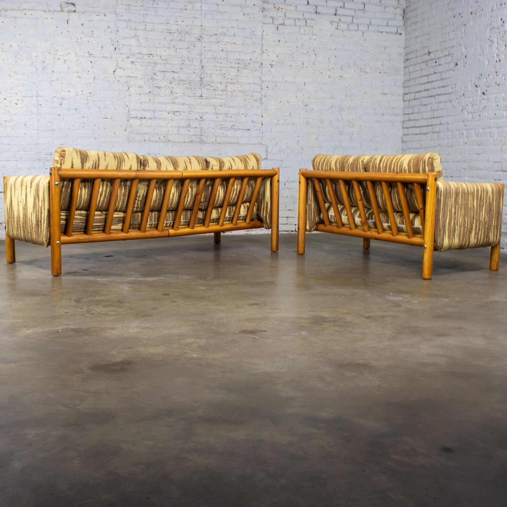 Mid to Late 20th Century MCM to Modern Sofa & Loveseat Set Solid Pine Log Frames & Canvas Slings w/Flame Stitch Fabric