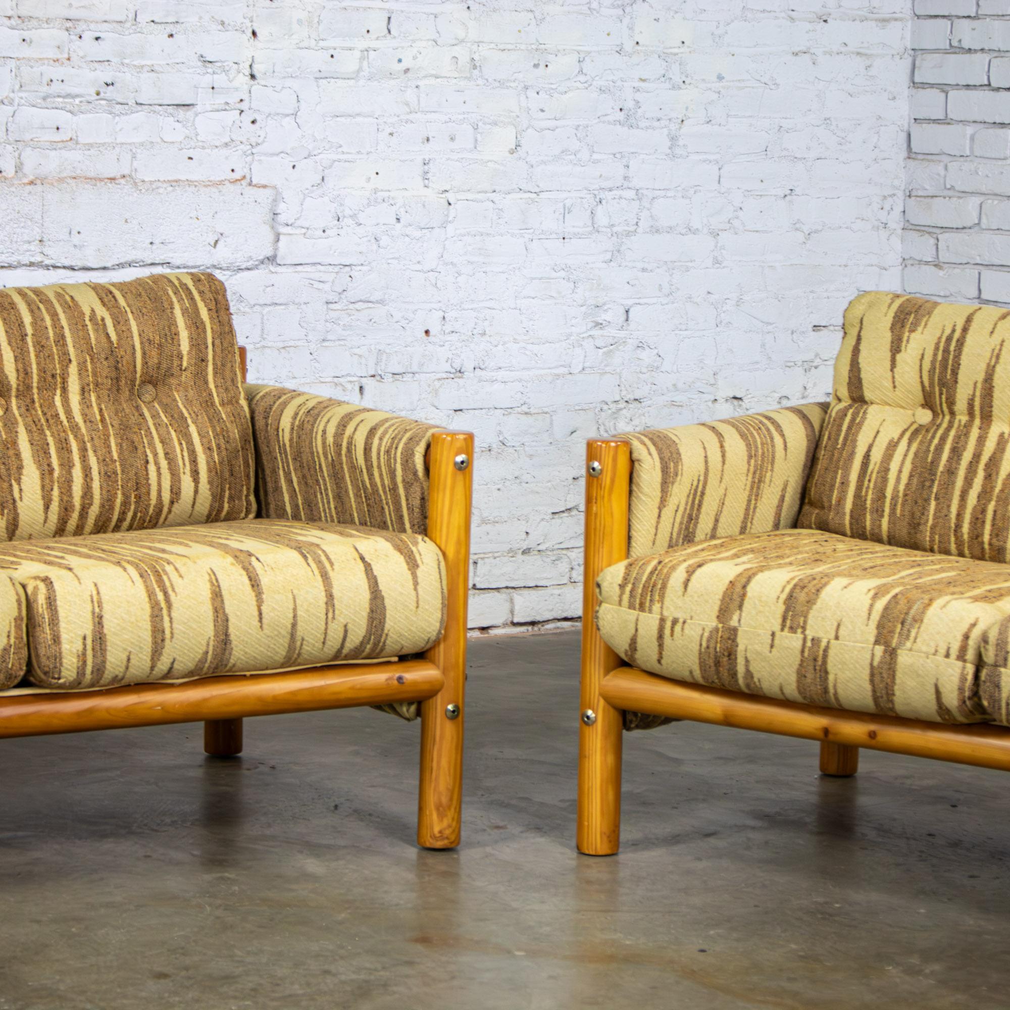 Mid to Late 20th Century MCM to Modern Sofa & Loveseat Set Solid Pine Log Frames & Canvas Slings w/Flame Stitch Fabric