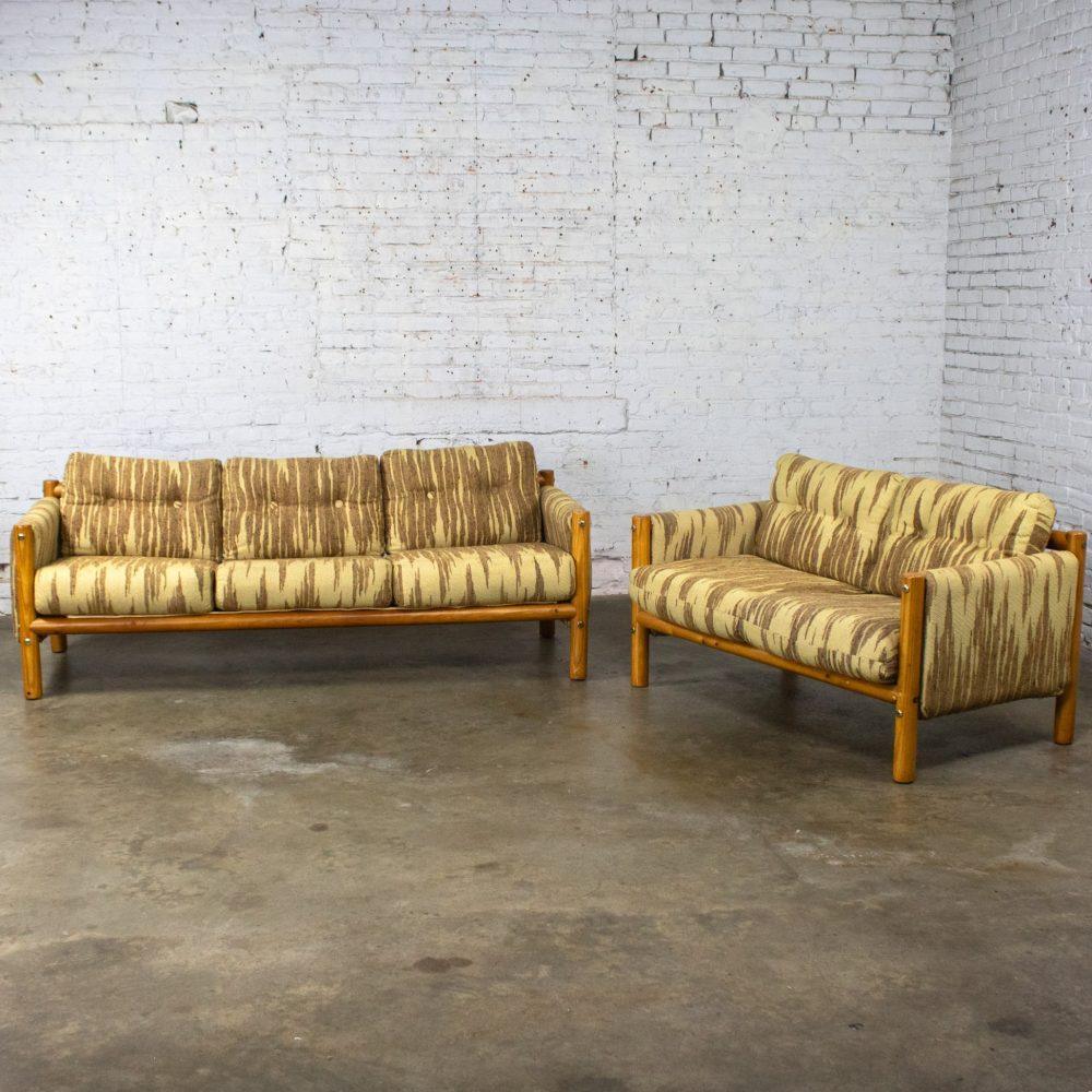 Mid to Late 20th Century MCM to Modern Sofa & Loveseat Set Solid Pine Log Frames & Canvas Slings w/Flame Stitch Fabric