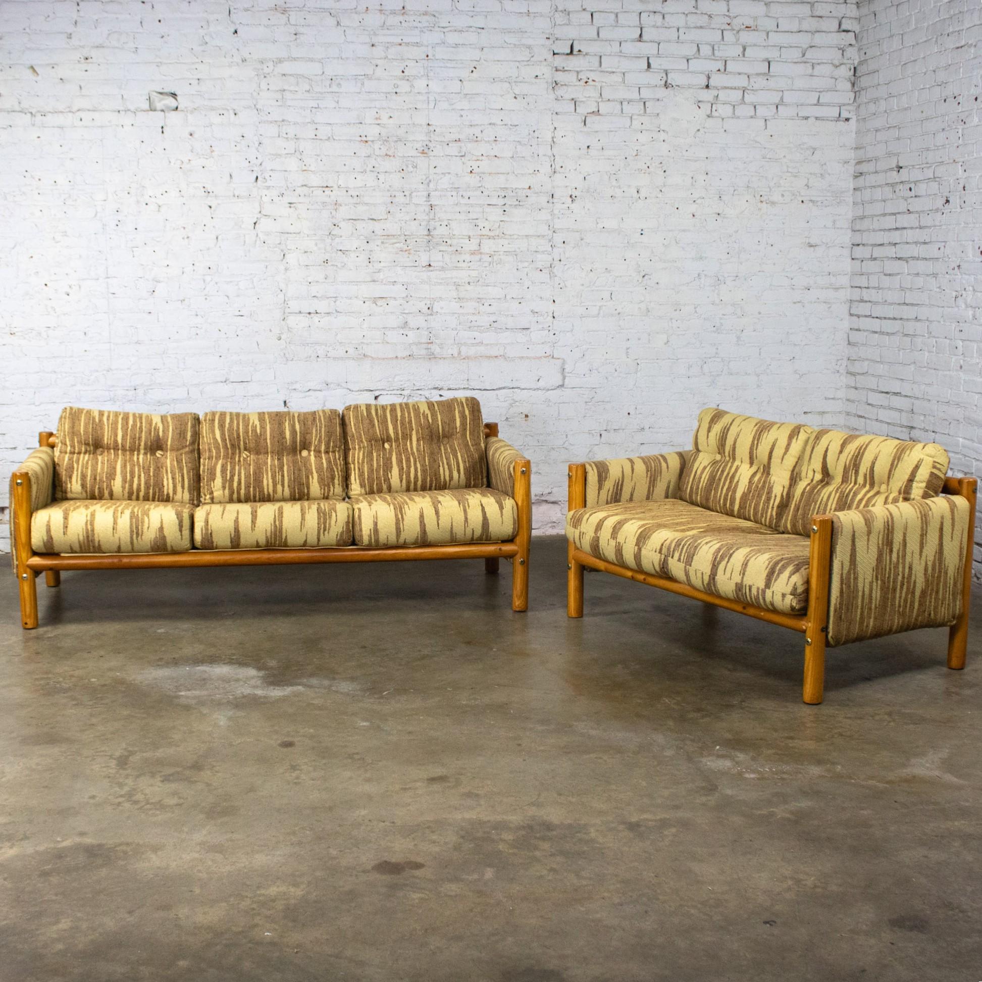Mid to Late 20th Century MCM to Modern Sofa & Loveseat Set Solid Pine Log Frames & Canvas Slings w/Flame Stitch Fabric