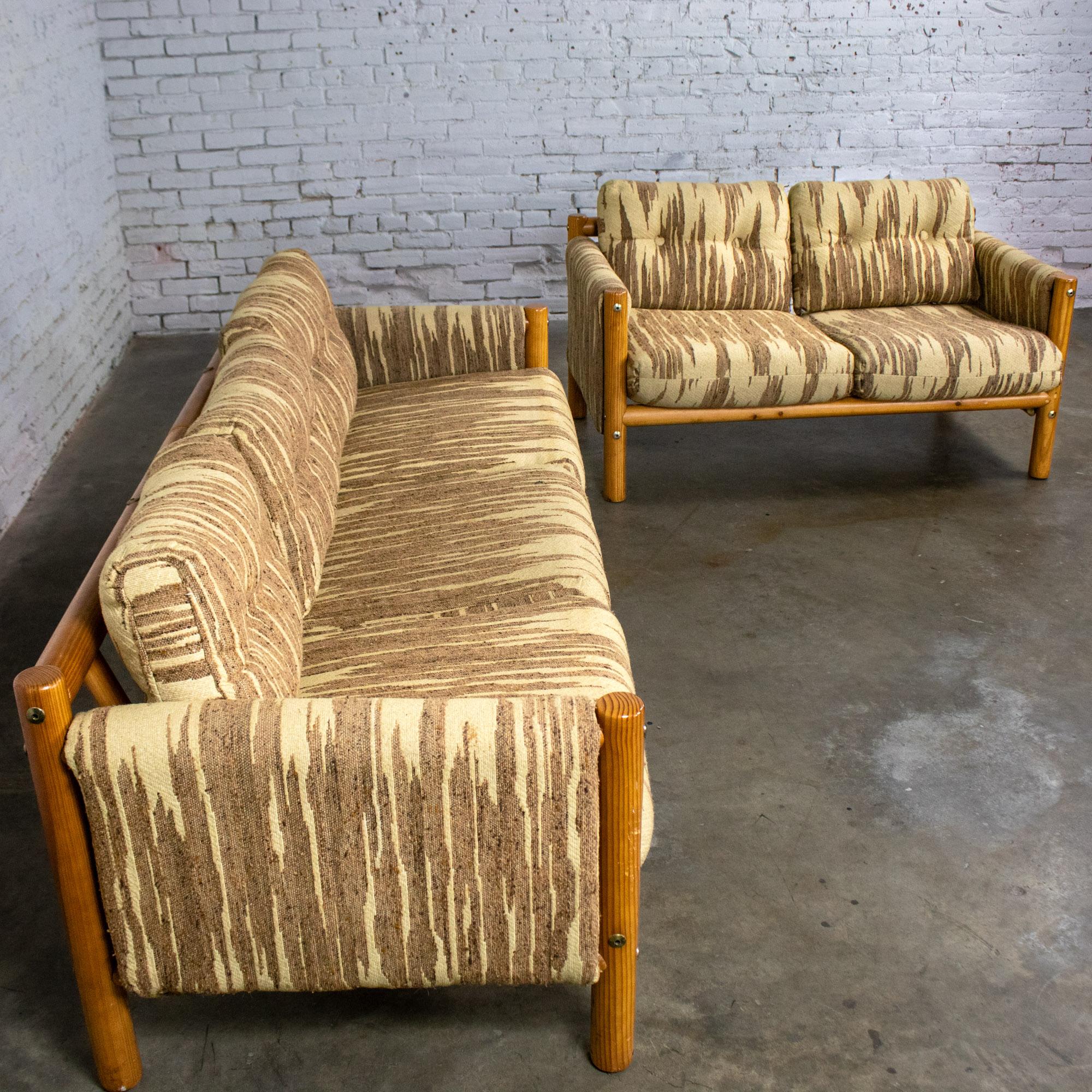 Mid to Late 20th Century MCM to Modern Sofa & Loveseat Set Solid Pine Log Frames & Canvas Slings w/Flame Stitch Fabric