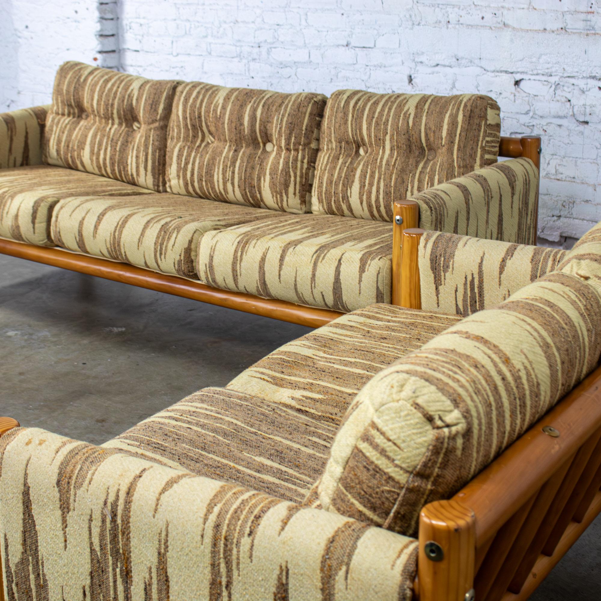 Mid to Late 20th Century MCM to Modern Sofa & Loveseat Set Solid Pine Log Frames & Canvas Slings w/Flame Stitch Fabric