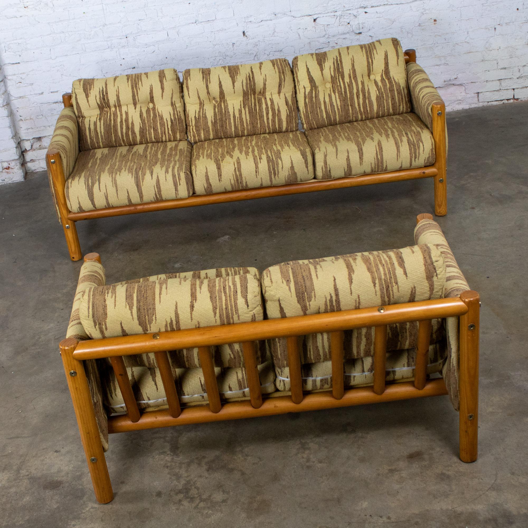 Mid to Late 20th Century MCM to Modern Sofa & Loveseat Set Solid Pine Log Frames & Canvas Slings w/Flame Stitch Fabric