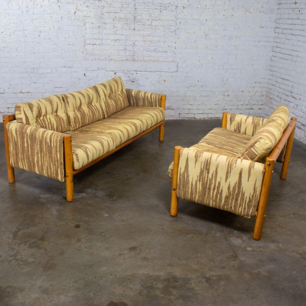 Mid to Late 20th Century MCM to Modern Sofa & Loveseat Set Solid Pine Log Frames & Canvas Slings w/Flame Stitch Fabric