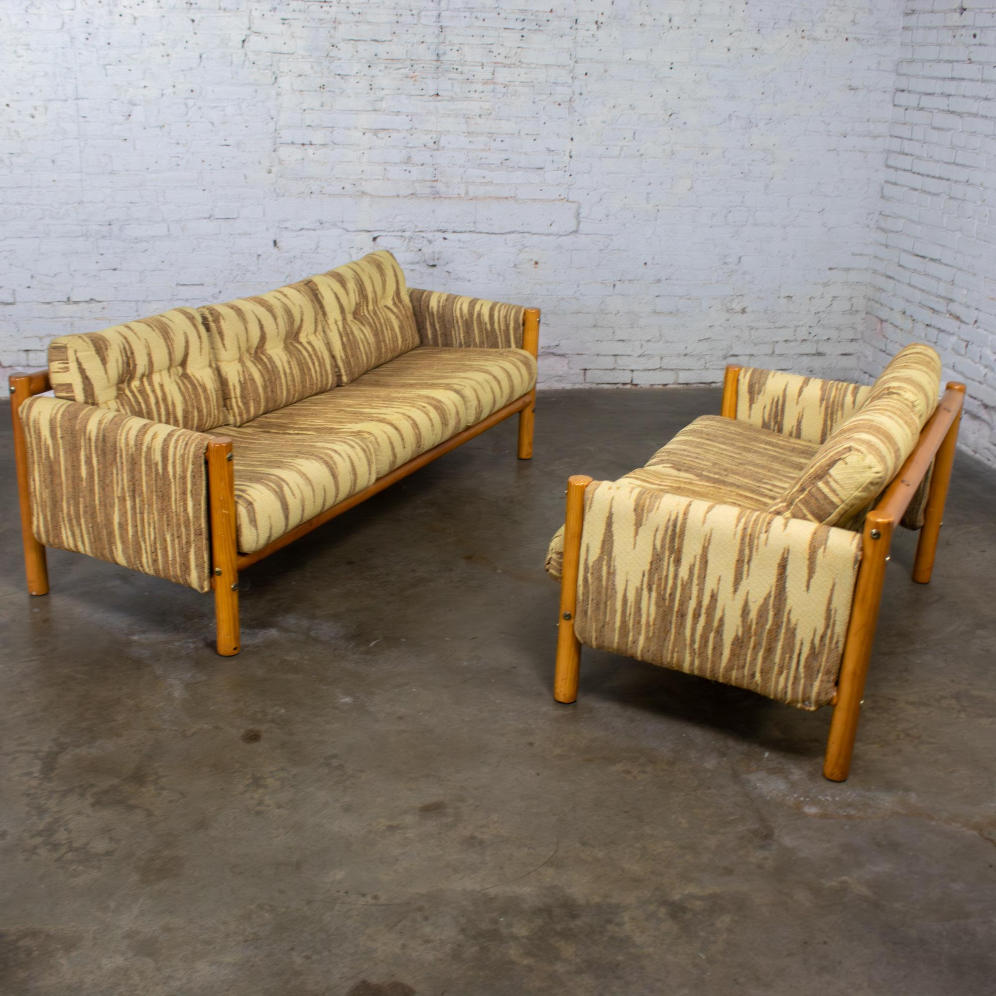 Mid to Late 20th Century MCM to Modern Sofa & Loveseat Set Solid Pine Log Frames & Canvas Slings w/Flame Stitch Fabric