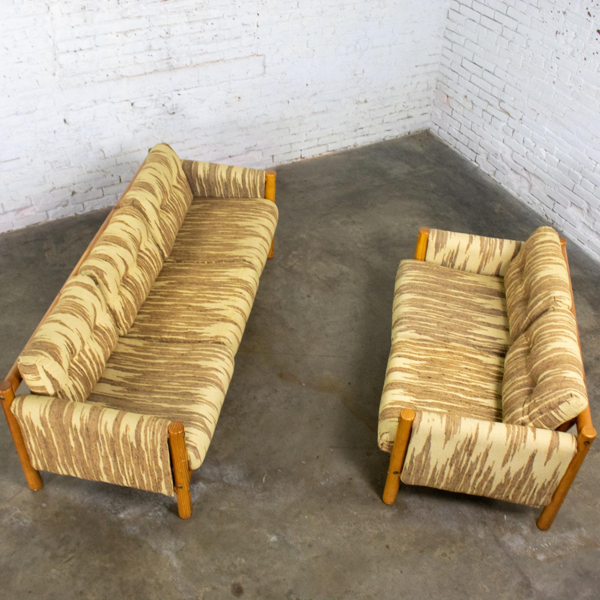 Mid to Late 20th Century MCM to Modern Sofa & Loveseat Set Solid Pine Log Frames & Canvas Slings w/Flame Stitch Fabric