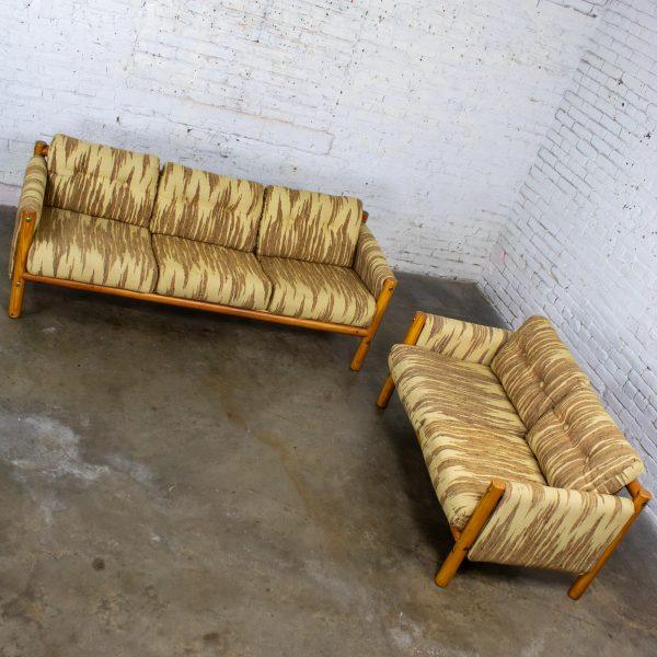 Mid to Late 20th Century MCM to Modern Sofa & Loveseat Set Solid Pine Log Frames & Canvas Slings w/Flame Stitch Fabric
