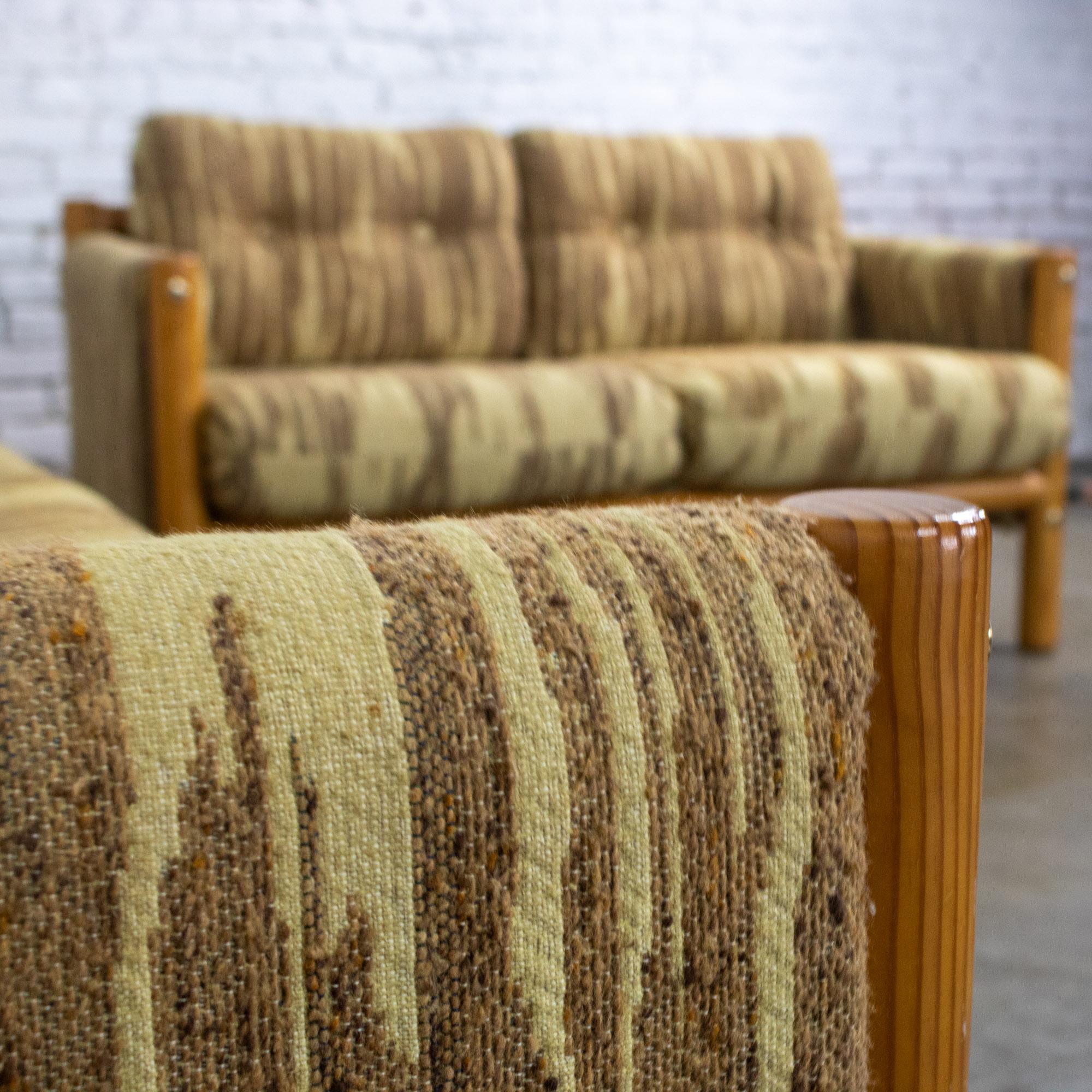 Mid to Late 20th Century MCM to Modern Sofa & Loveseat Set Solid Pine Log Frames & Canvas Slings w/Flame Stitch Fabric