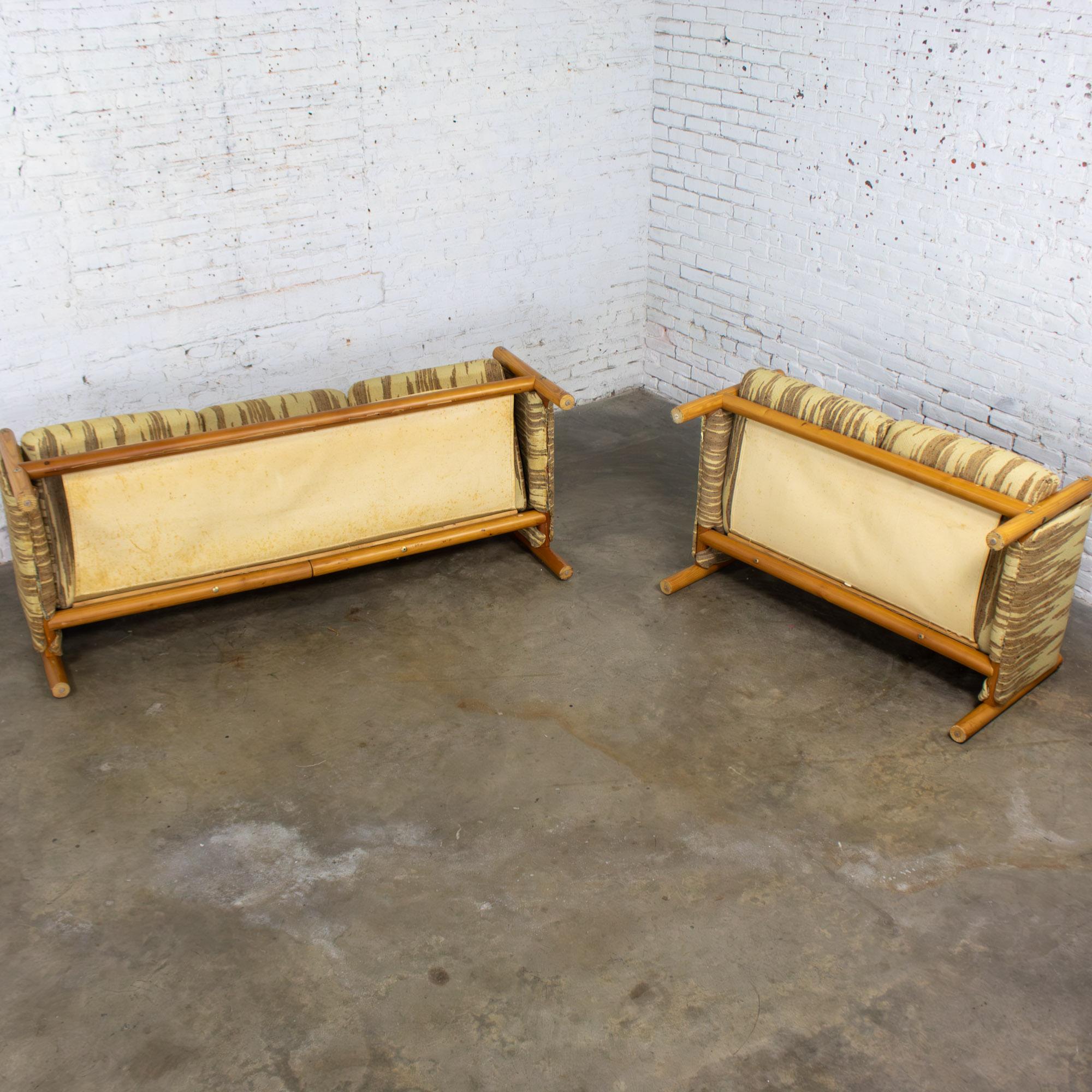 Mid to Late 20th Century MCM to Modern Sofa & Loveseat Set Solid Pine Log Frames & Canvas Slings w/Flame Stitch Fabric
