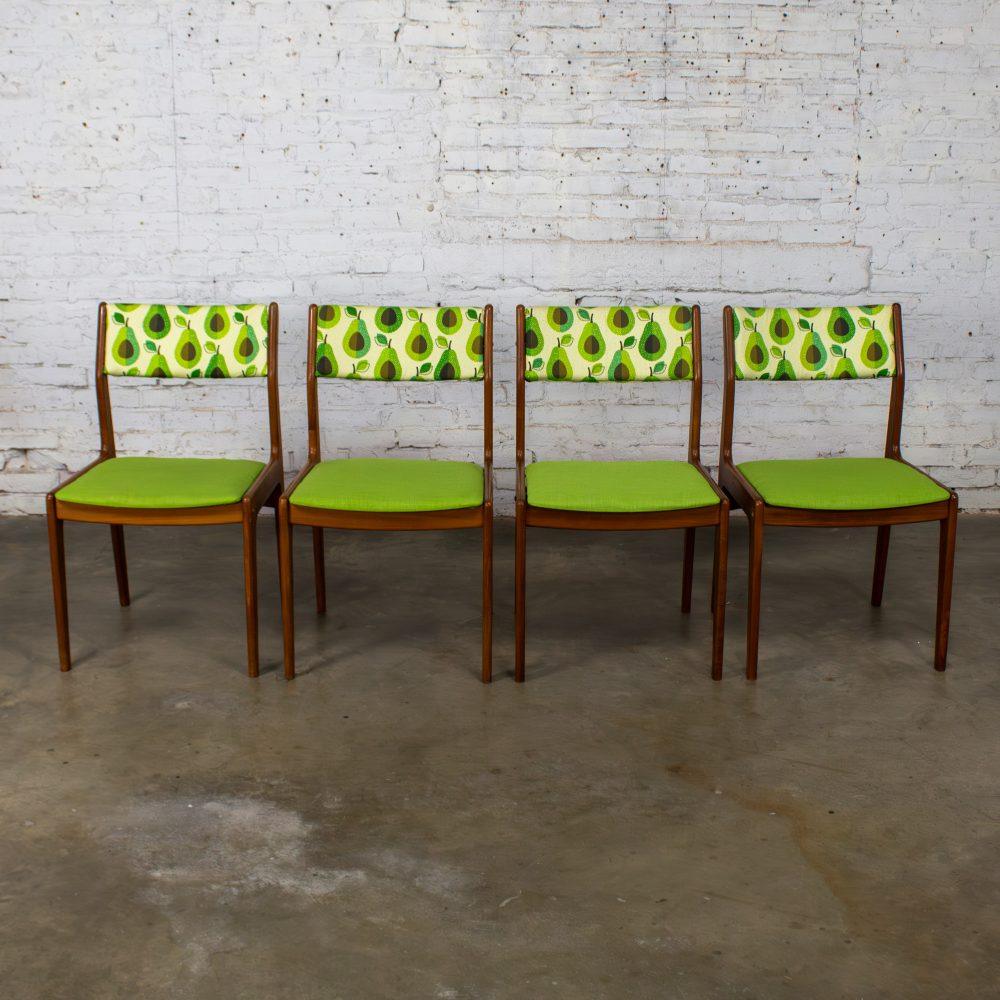 1970’s Scandinavian Modern Dining Chairs by D Scan w/ Teak Frames & Avocado Fabric Set of 4