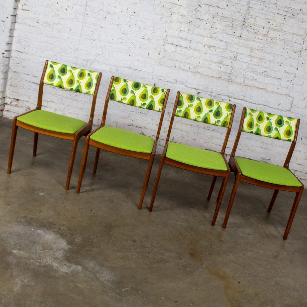 1970’s Scandinavian Modern Dining Chairs by D Scan w/ Teak Frames & Avocado Fabric Set of 4