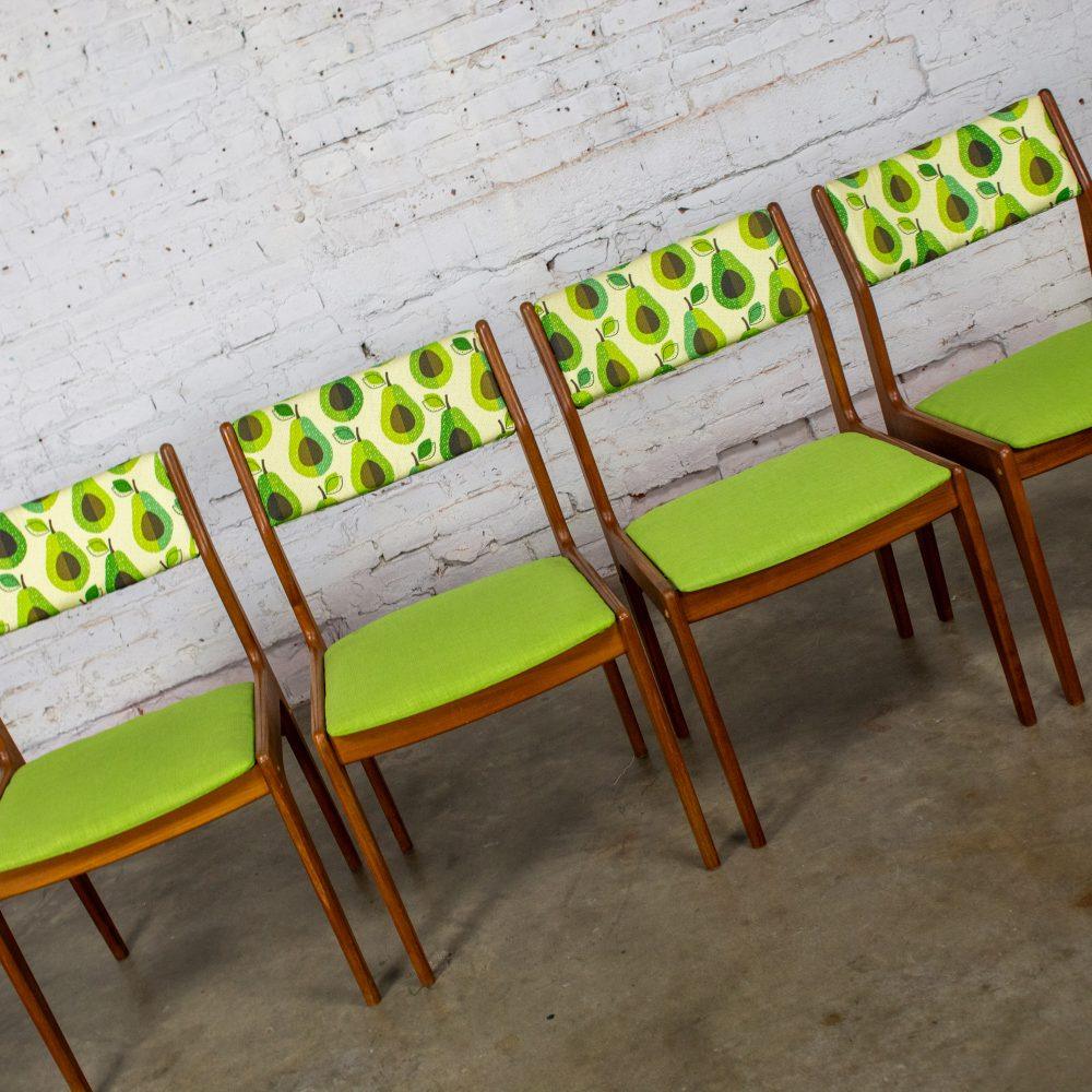 1970’s Scandinavian Modern Dining Chairs by D Scan w/ Teak Frames & Avocado Fabric Set of 4