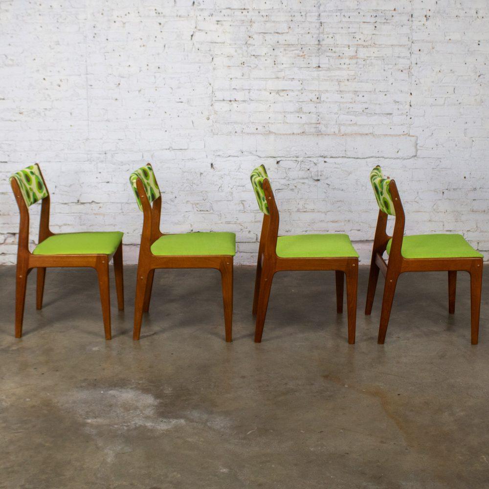 1970’s Scandinavian Modern Dining Chairs by D Scan w/ Teak Frames & Avocado Fabric Set of 4