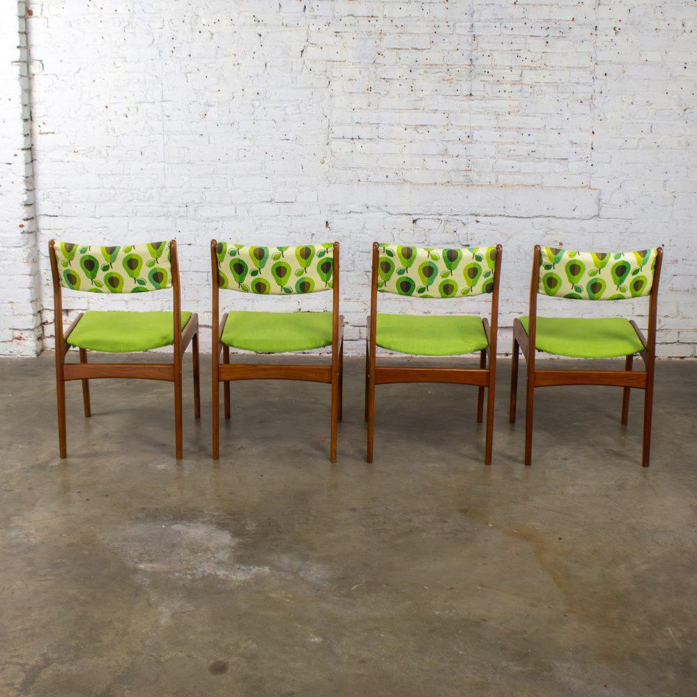 1970’s Scandinavian Modern Dining Chairs by D Scan w/ Teak Frames & Avocado Fabric Set of 4