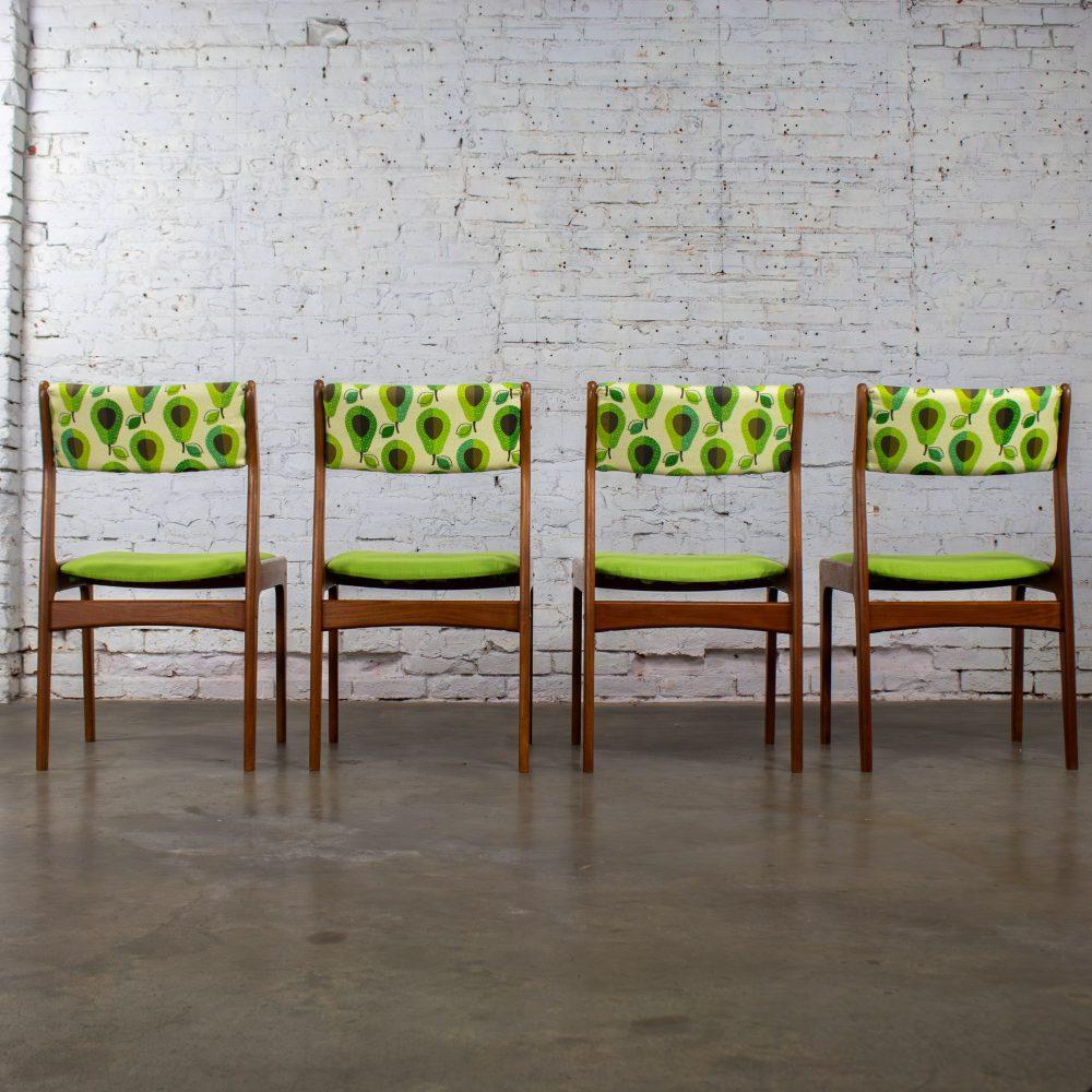 1970’s Scandinavian Modern Dining Chairs by D Scan w/ Teak Frames & Avocado Fabric Set of 4