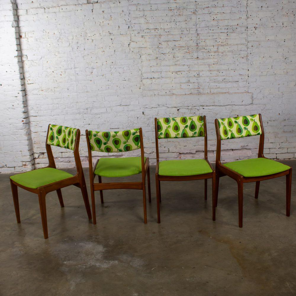 1970’s Scandinavian Modern Dining Chairs by D Scan w/ Teak Frames & Avocado Fabric Set of 4