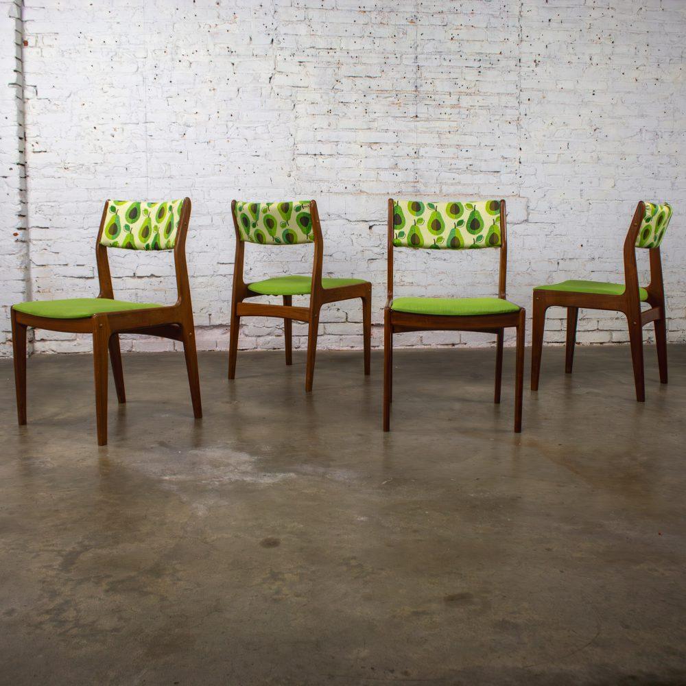 1970’s Scandinavian Modern Dining Chairs by D Scan w/ Teak Frames & Avocado Fabric Set of 4
