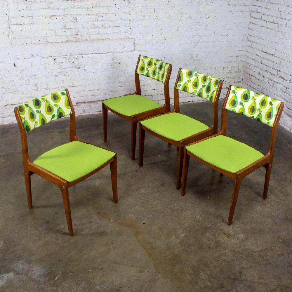 1970’s Scandinavian Modern Dining Chairs by D Scan w/ Teak Frames & Avocado Fabric Set of 4