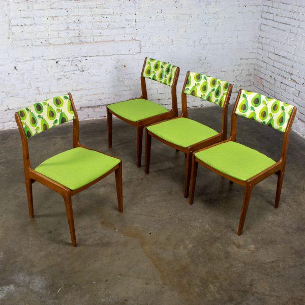 1970’s Scandinavian Modern Dining Chairs by D Scan w/ Teak Frames & Avocado Fabric Set of 4