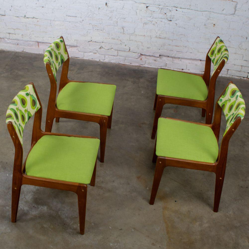 1970’s Scandinavian Modern Dining Chairs by D Scan w/ Teak Frames & Avocado Fabric Set of 4
