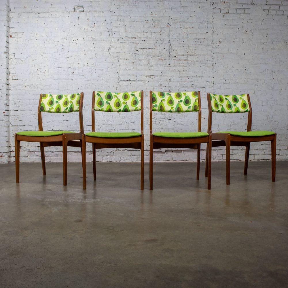 1970’s Scandinavian Modern Dining Chairs by D Scan w/ Teak Frames & Avocado Fabric Set of 4
