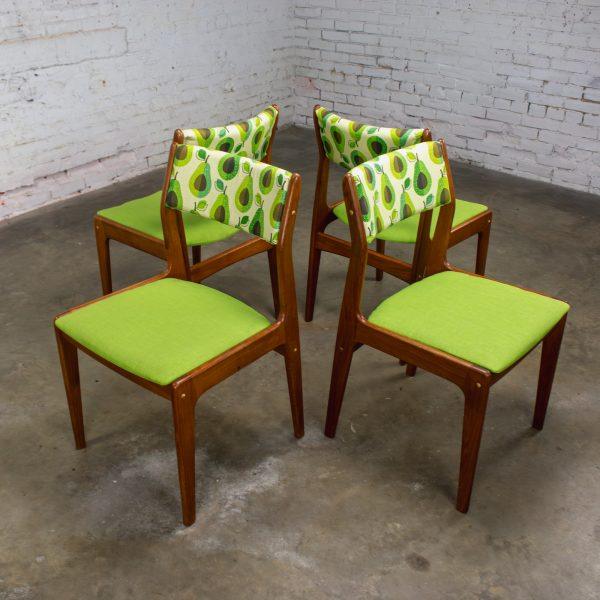1970’s Scandinavian Modern Dining Chairs by D Scan w/ Teak Frames & Avocado Fabric Set of 4