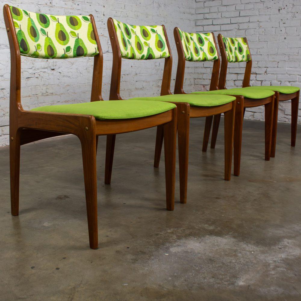 1970’s Scandinavian Modern Dining Chairs by D Scan w/ Teak Frames & Avocado Fabric Set of 4