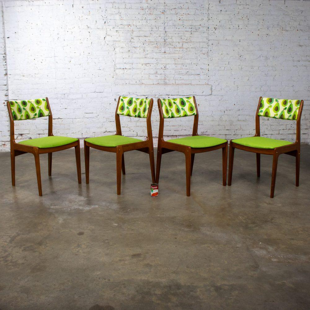 1970’s Scandinavian Modern Dining Chairs by D Scan w/ Teak Frames & Avocado Fabric Set of 4