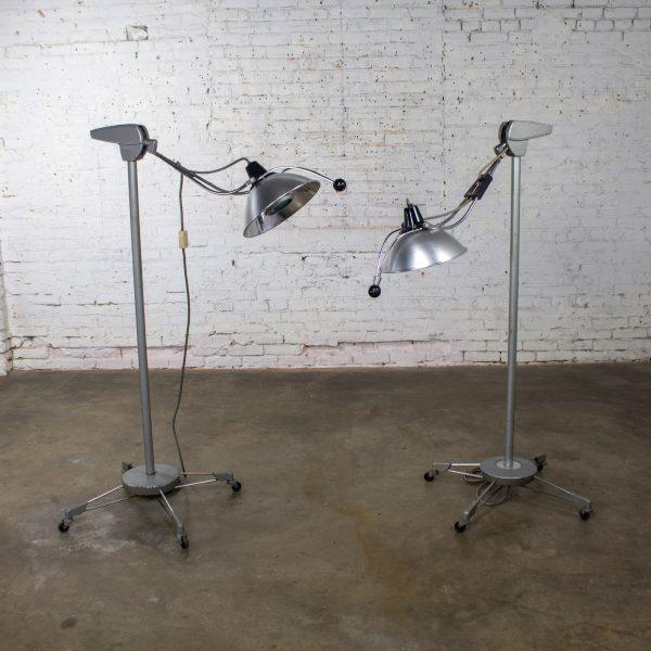 Mid-20th Century Industrial Surgical Floor Lamps Metal Frames & 4 Prong Bases w/Casters by Wilmot Castle Co.
