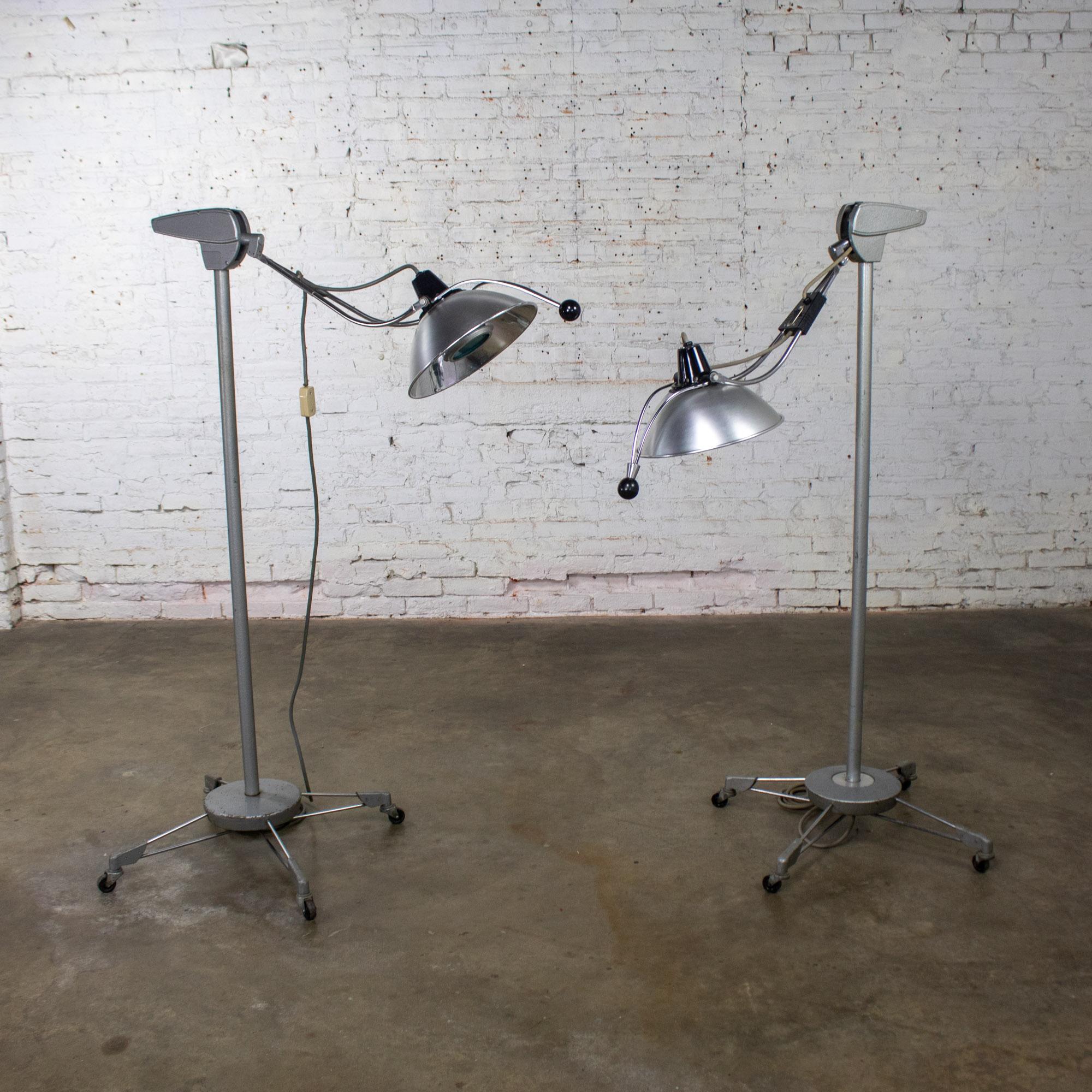 Mid-20th Century Industrial Surgical Floor Lamps Metal Frames & 4 Prong Bases w/Casters by Wilmot Castle Co.