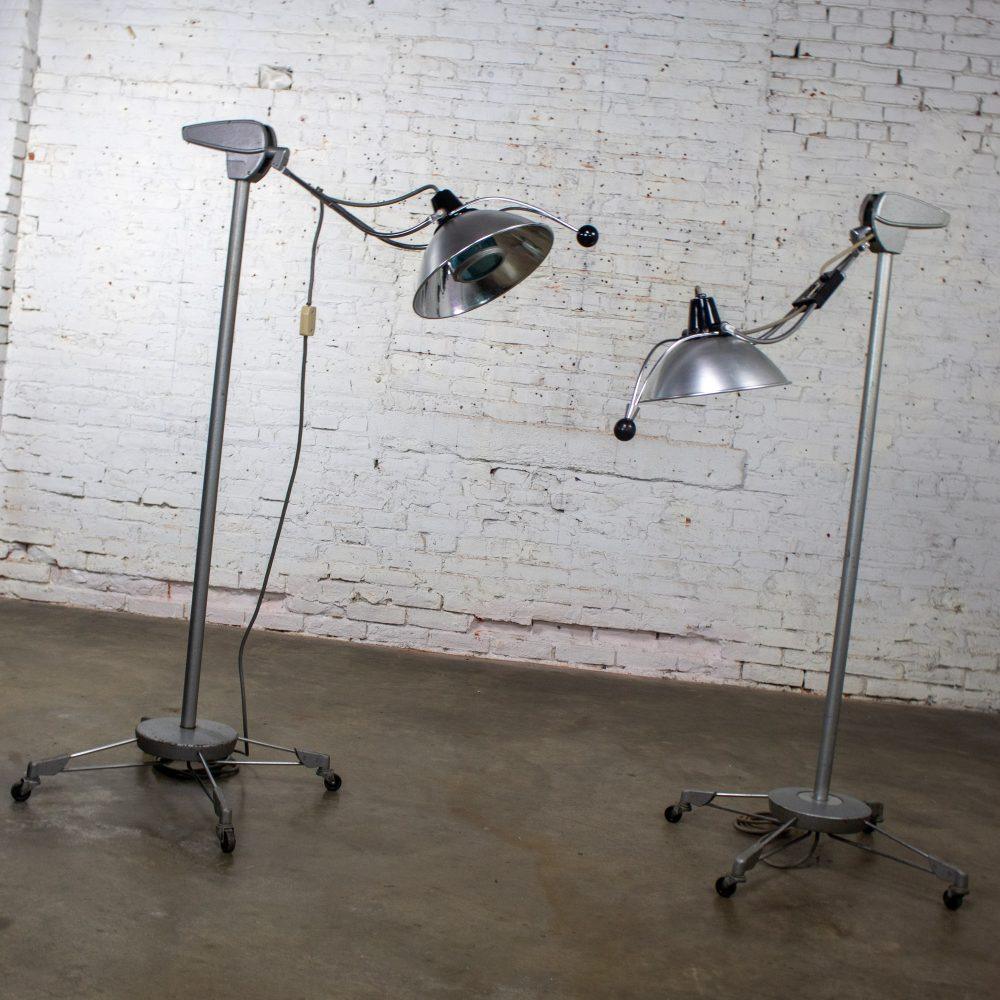 Mid-20th Century Industrial Surgical Floor Lamps Metal Frames & 4 Prong Bases w/Casters by Wilmot Castle Co.