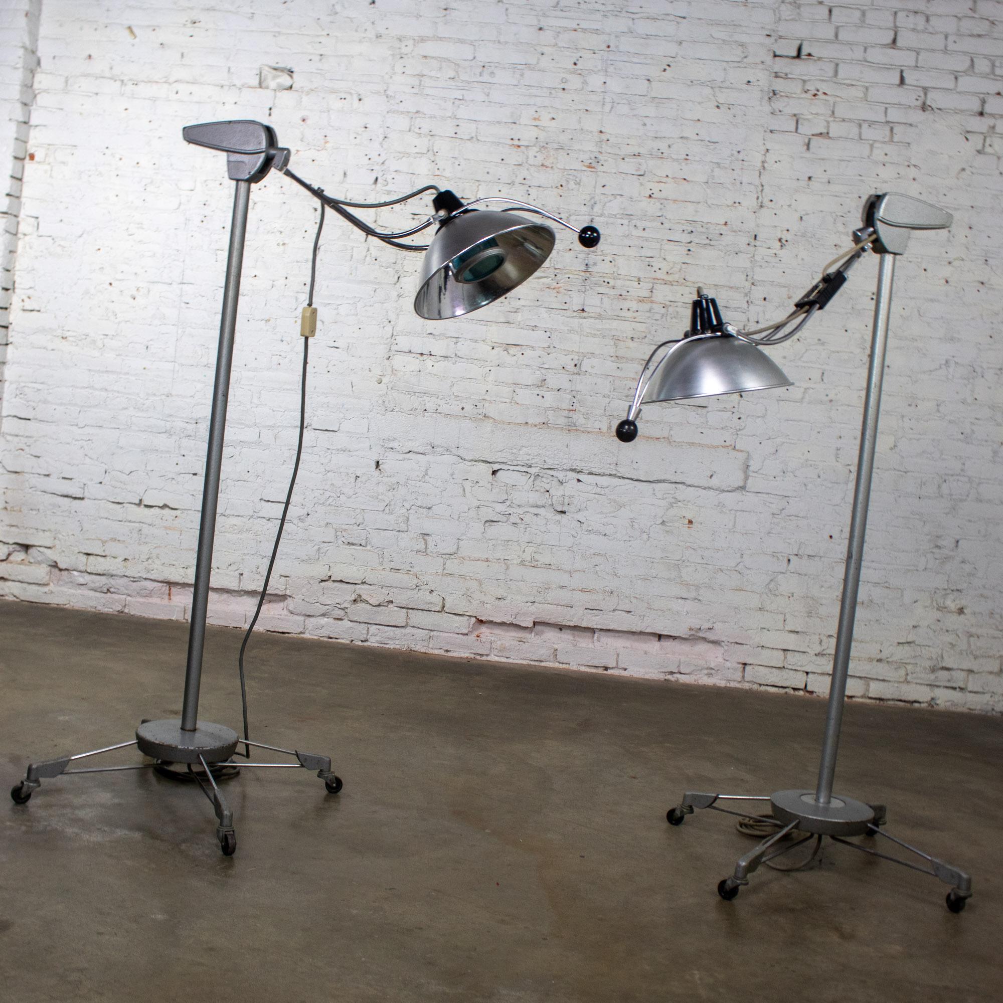 Mid-20th Century Industrial Surgical Floor Lamps Metal Frames & 4 Prong Bases w/Casters by Wilmot Castle Co.