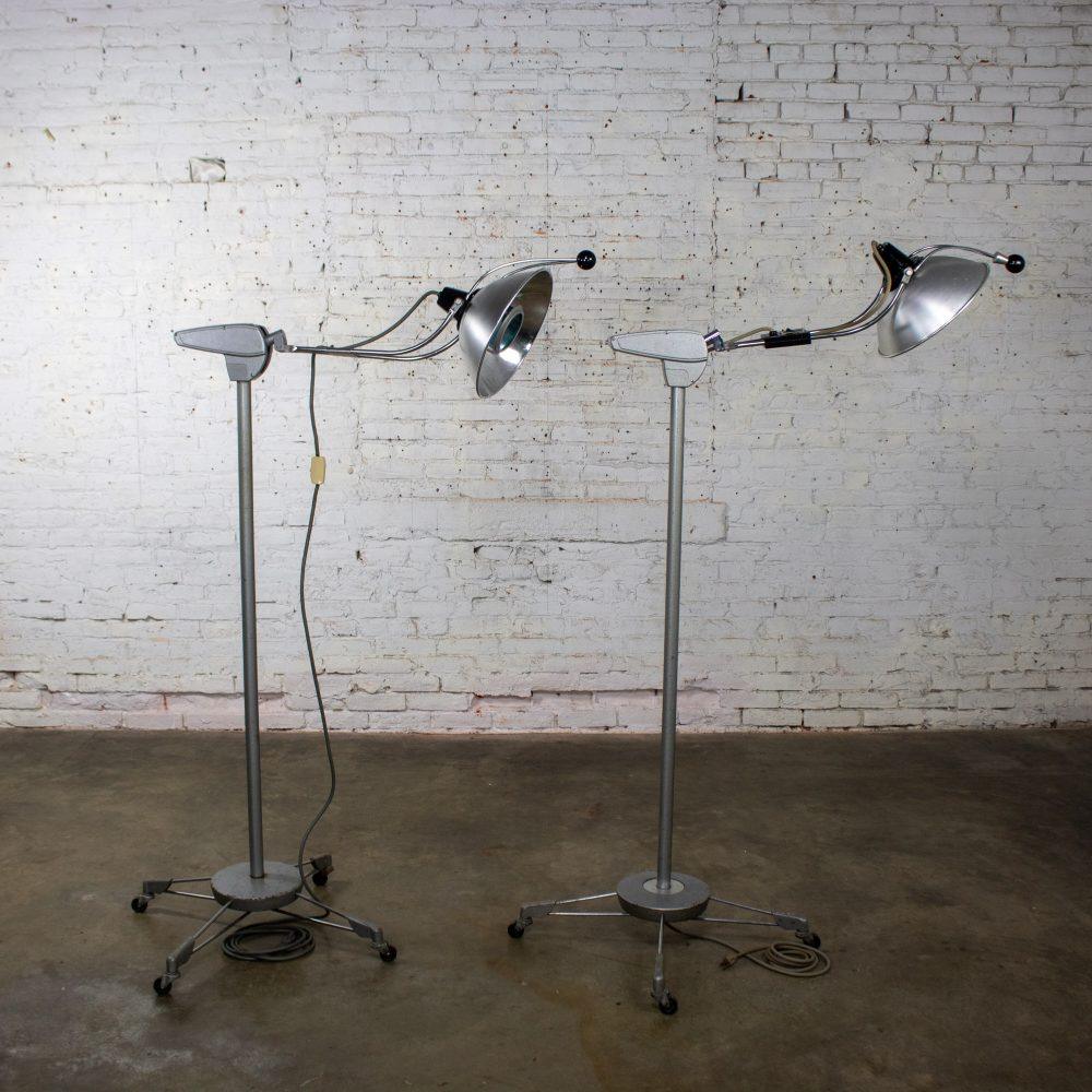 Mid-20th Century Industrial Surgical Floor Lamps Metal Frames & 4 Prong Bases w/Casters by Wilmot Castle Co.