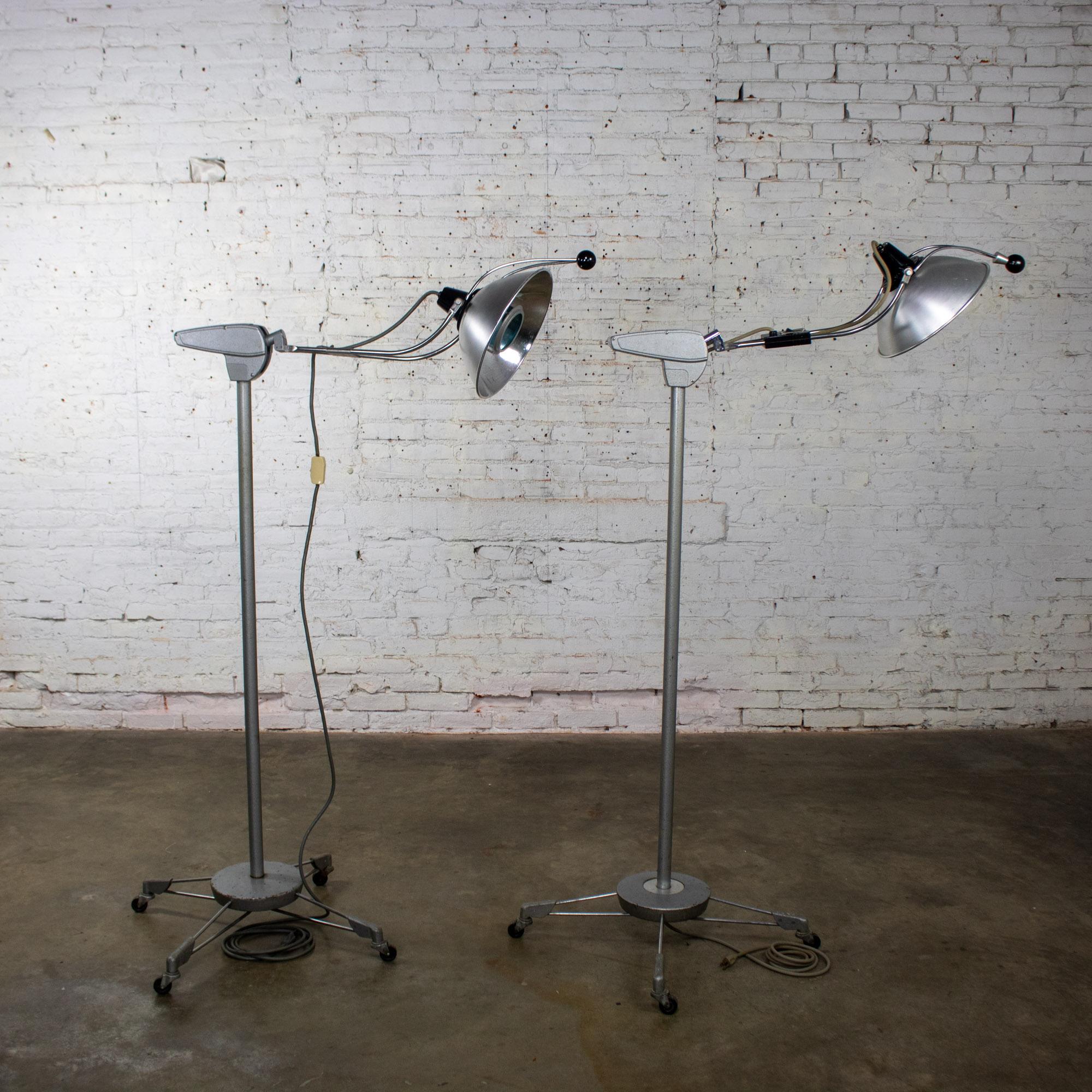 Mid-20th Century Industrial Surgical Floor Lamps Metal Frames & 4 Prong Bases w/Casters by Wilmot Castle Co.
