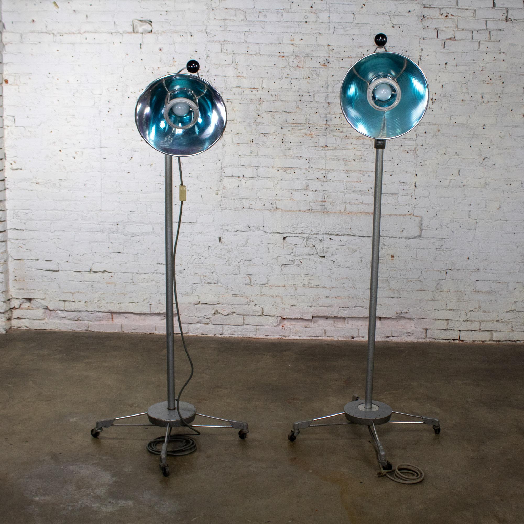 Mid-20th Century Industrial Surgical Floor Lamps Metal Frames & 4 Prong Bases w/Casters by Wilmot Castle Co.