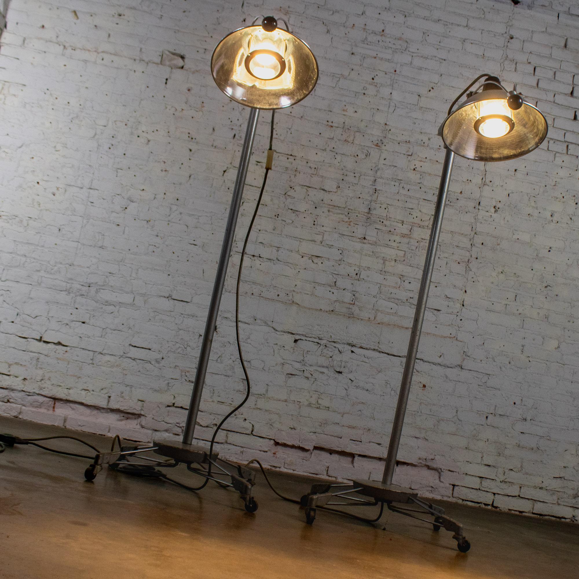 Mid-20th Century Industrial Surgical Floor Lamps Metal Frames & 4 Prong Bases w/Casters by Wilmot Castle Co.