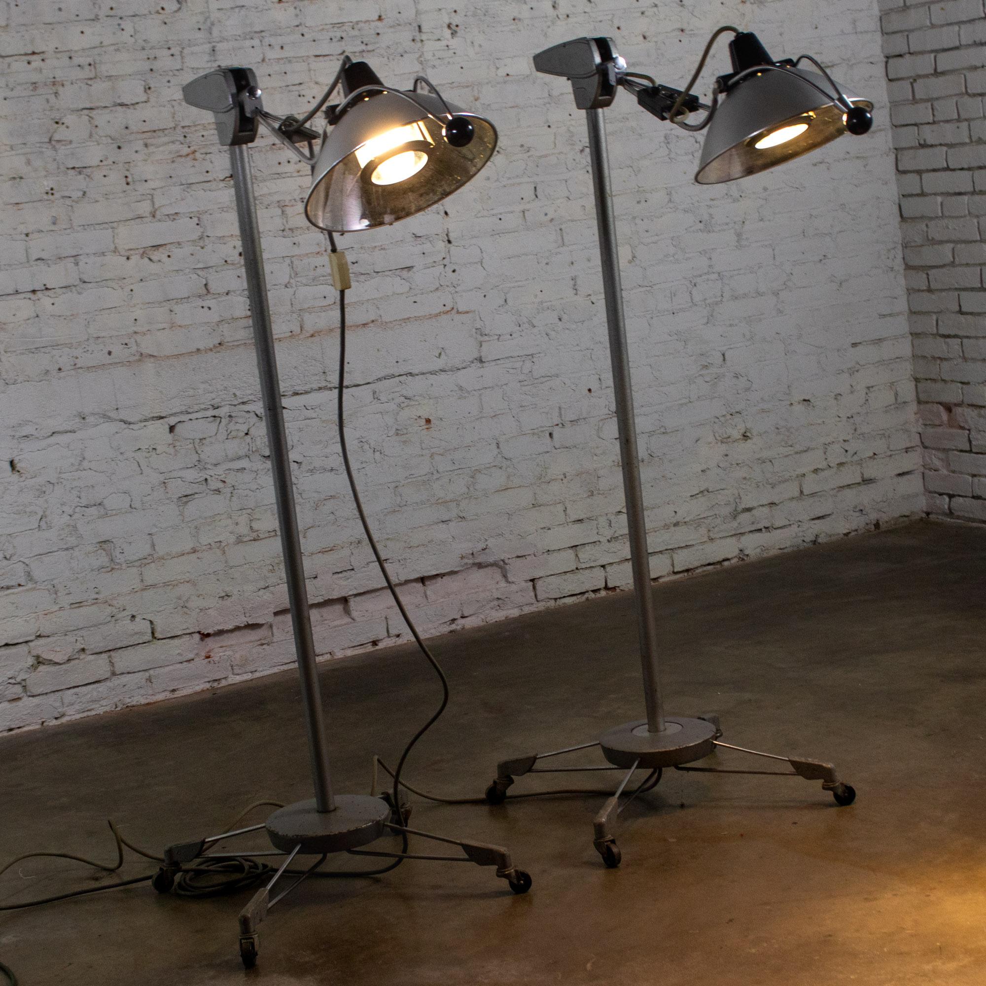 Mid-20th Century Industrial Surgical Floor Lamps Metal Frames & 4 Prong Bases w/Casters by Wilmot Castle Co.