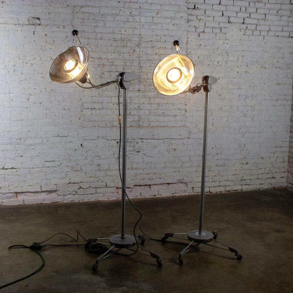 Mid-20th Century Industrial Surgical Floor Lamps Metal Frames & 4 Prong Bases w/Casters by Wilmot Castle Co.