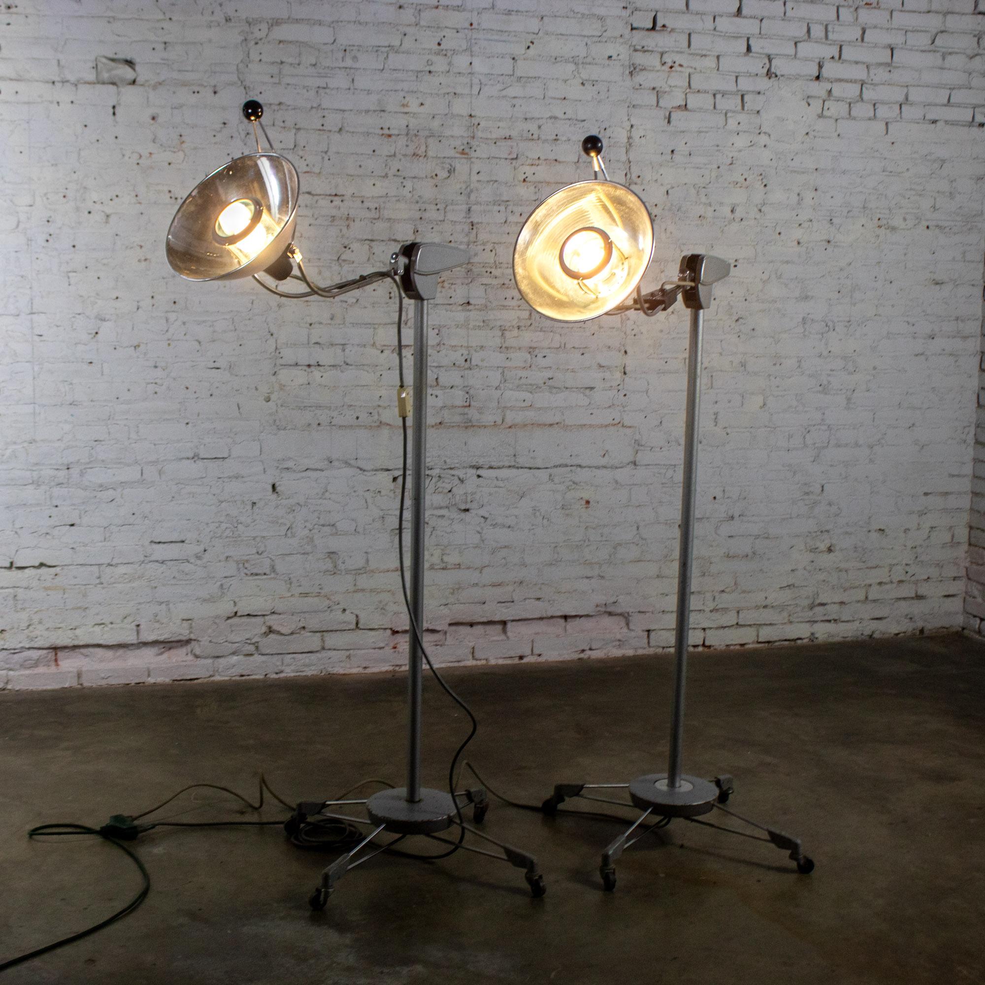Mid-20th Century Industrial Surgical Floor Lamps Metal Frames & 4 Prong Bases w/Casters by Wilmot Castle Co.
