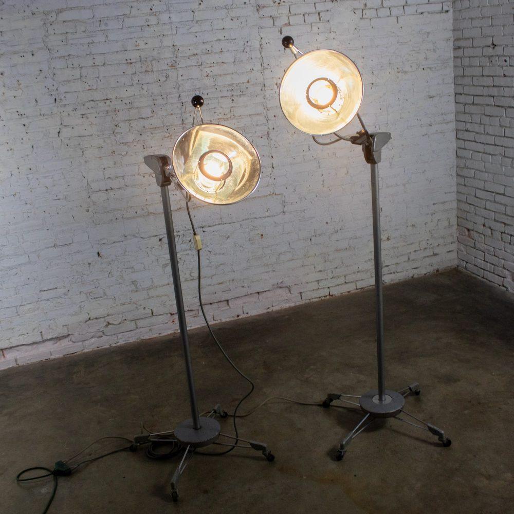 Mid-20th Century Industrial Surgical Floor Lamps Metal Frames & 4 Prong Bases w/Casters by Wilmot Castle Co.