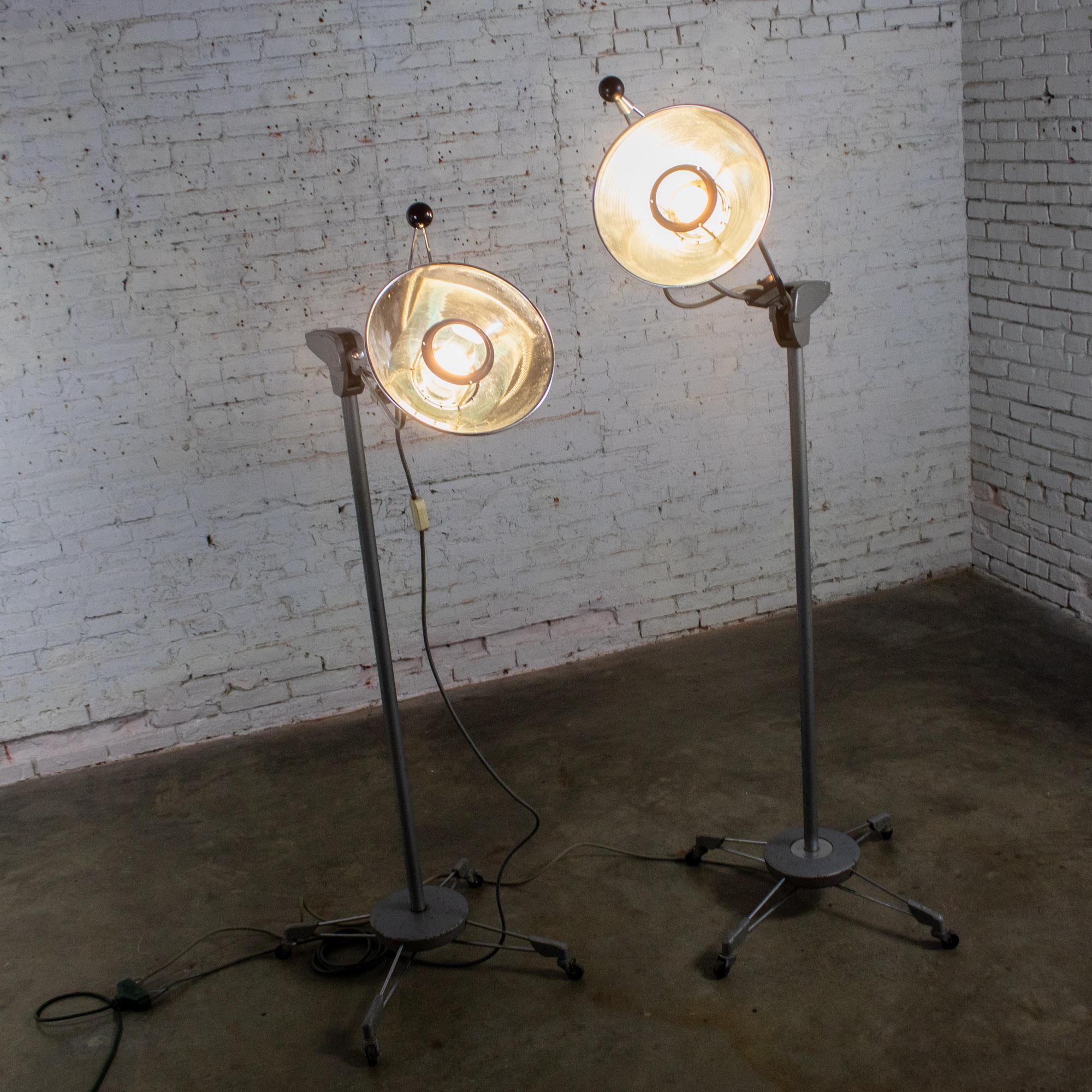 Mid-20th Century Industrial Surgical Floor Lamps Metal Frames & 4 Prong Bases w/Casters by Wilmot Castle Co.