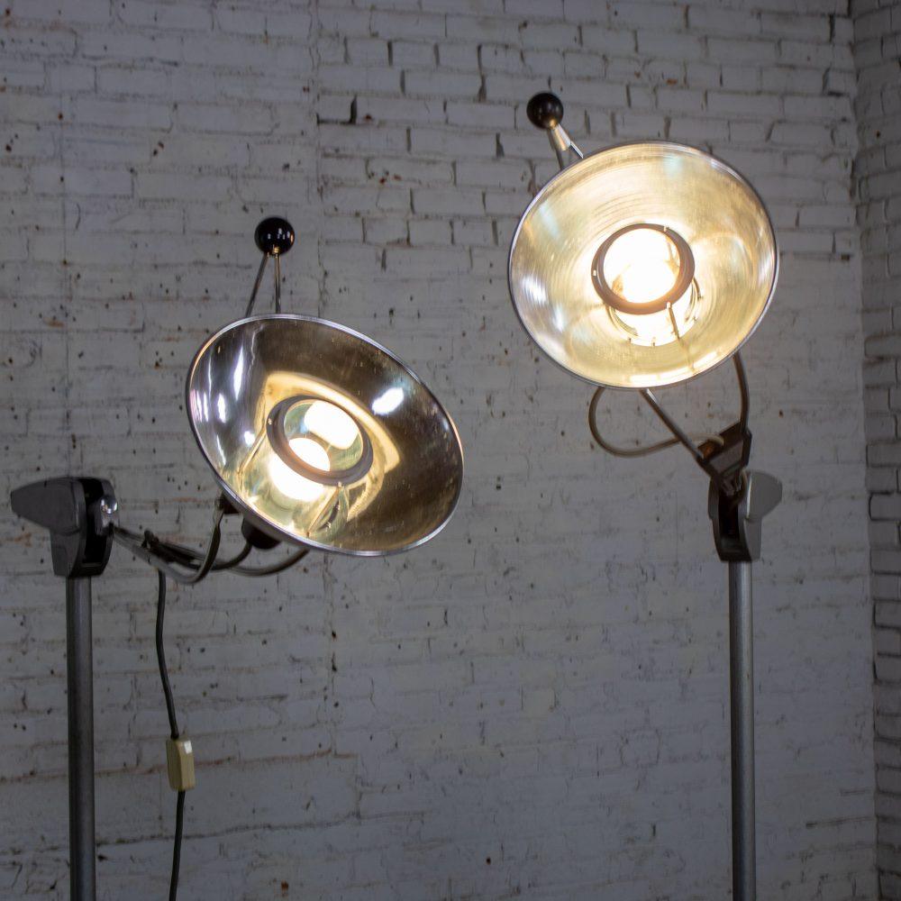 Mid-20th Century Industrial Surgical Floor Lamps Metal Frames & 4 Prong Bases w/Casters by Wilmot Castle Co.