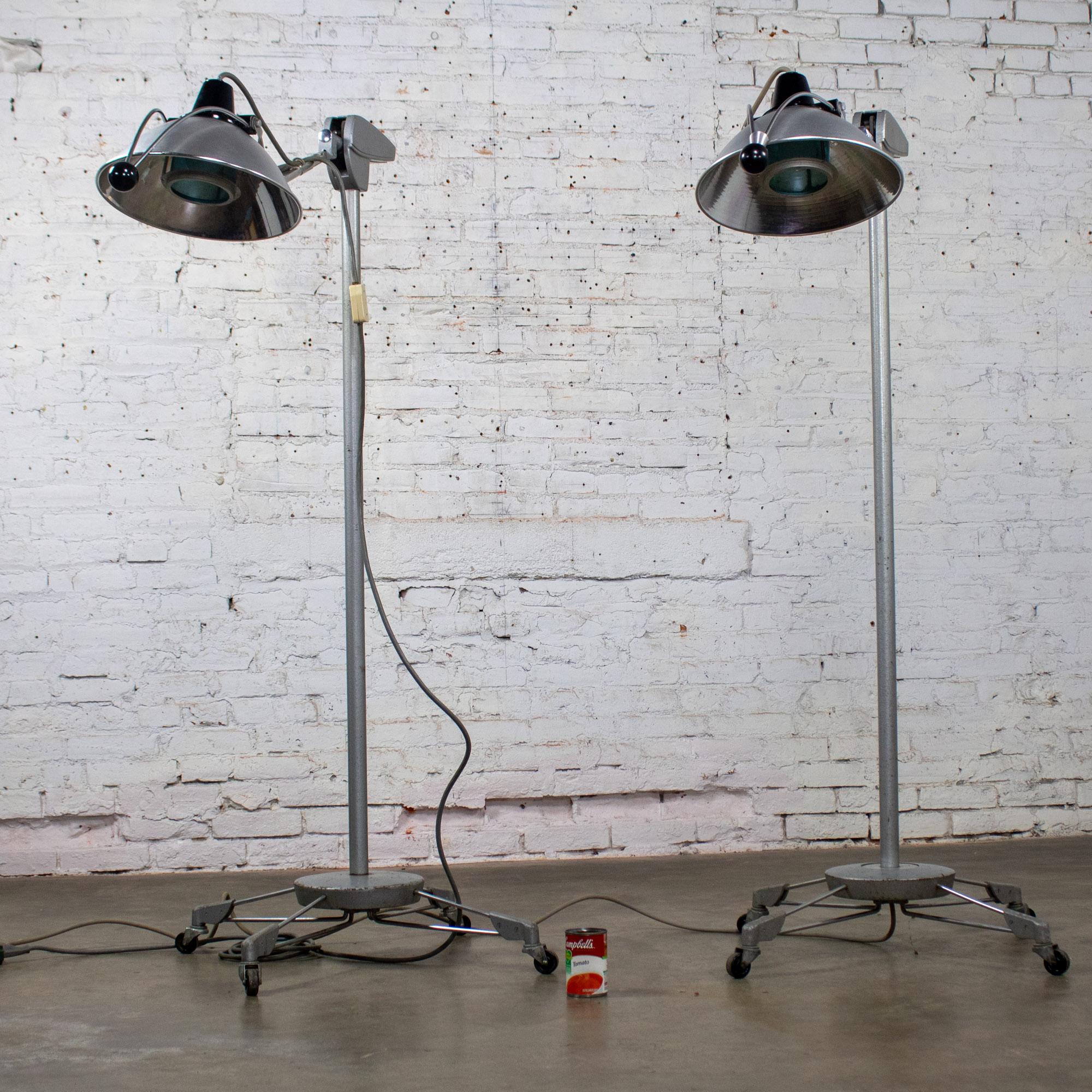 Mid-20th Century Industrial Surgical Floor Lamps Metal Frames & 4 Prong Bases w/Casters by Wilmot Castle Co.