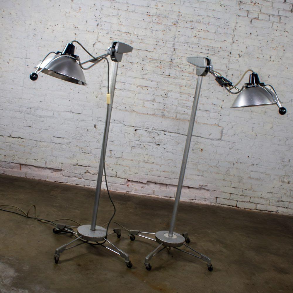 Mid-20th Century Industrial Surgical Floor Lamps Metal Frames & 4 Prong Bases w/Casters by Wilmot Castle Co.