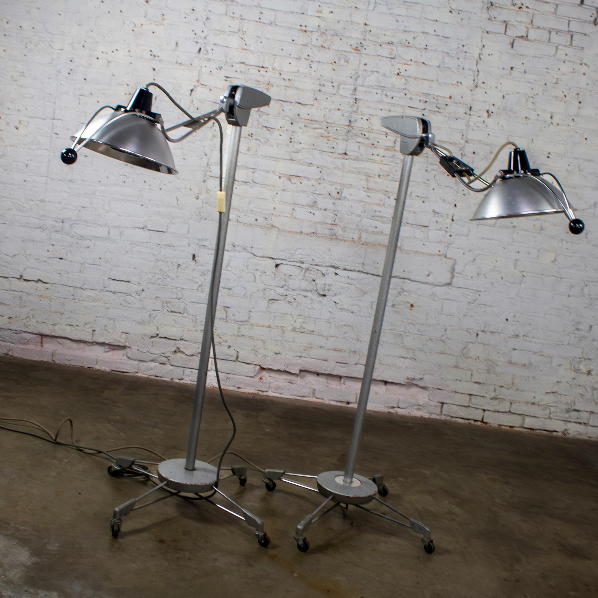 Mid-20th Century Industrial Surgical Floor Lamps Metal Frames & 4 Prong Bases w/Casters by Wilmot Castle Co.