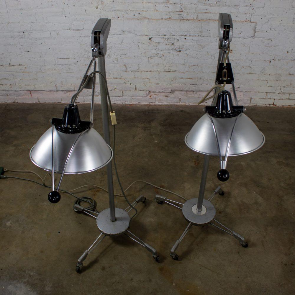 Mid-20th Century Industrial Surgical Floor Lamps Metal Frames & 4 Prong Bases w/Casters by Wilmot Castle Co.