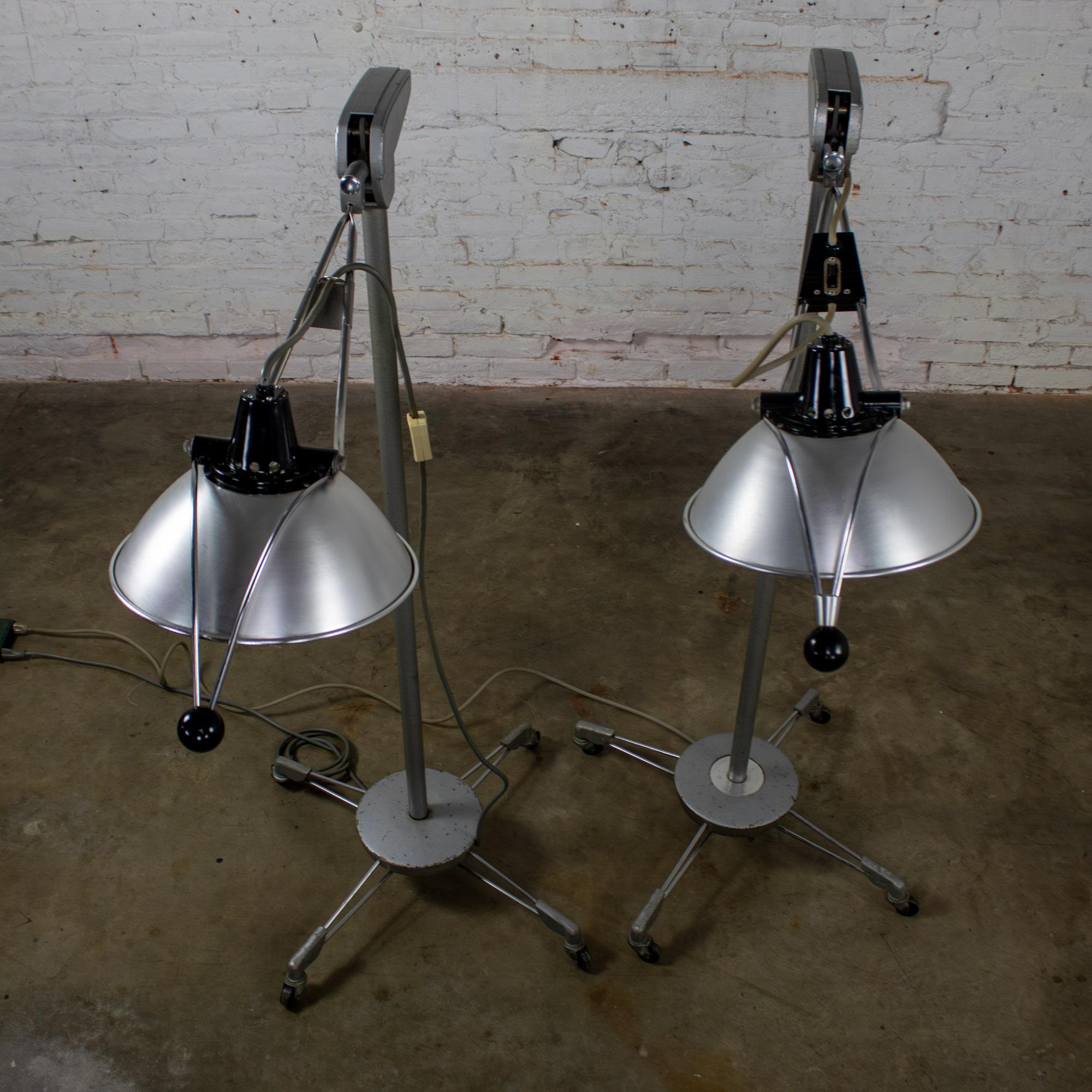 Mid-20th Century Industrial Surgical Floor Lamps Metal Frames & 4 Prong Bases w/Casters by Wilmot Castle Co.