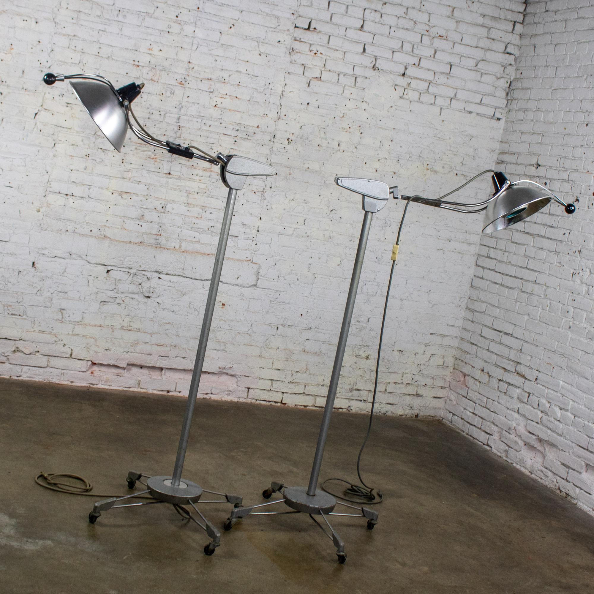 Mid-20th Century Industrial Surgical Floor Lamps Metal Frames & 4 Prong Bases w/Casters by Wilmot Castle Co.